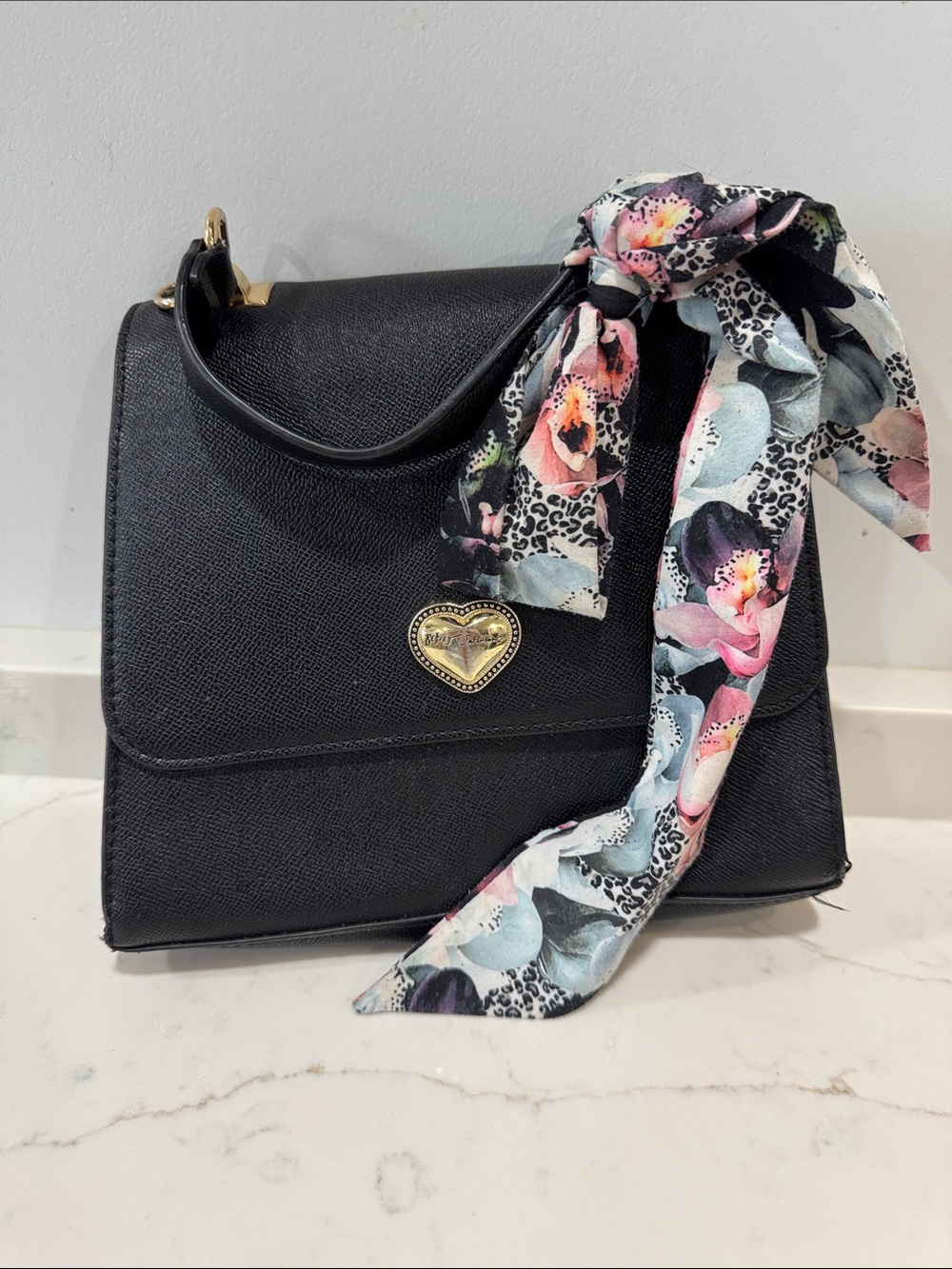 Betsey Johnson Black Satchel with Floral Scarf and Gold Heart Accent